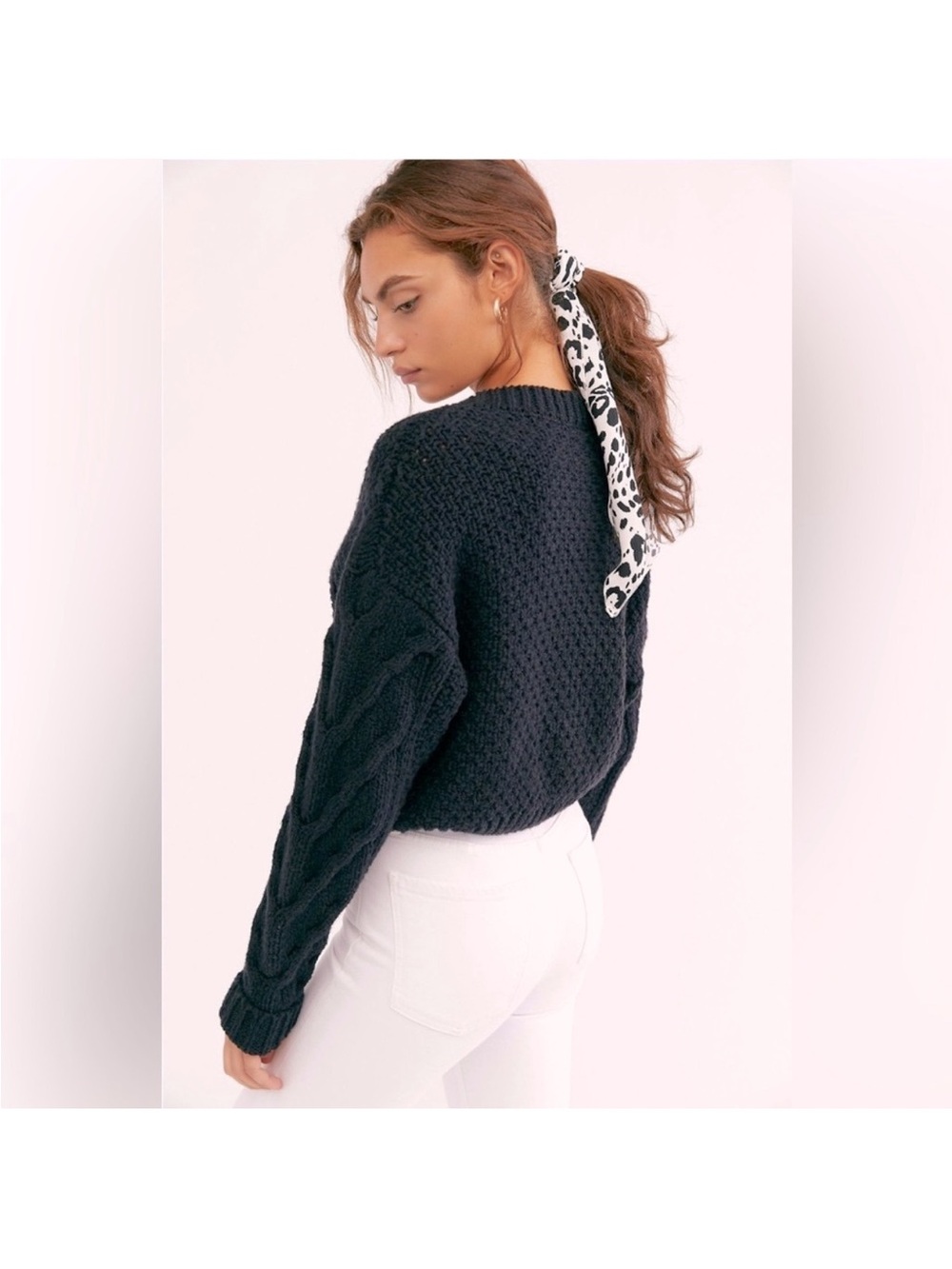 Free People Black Chunky Cable Crewneck Sweater